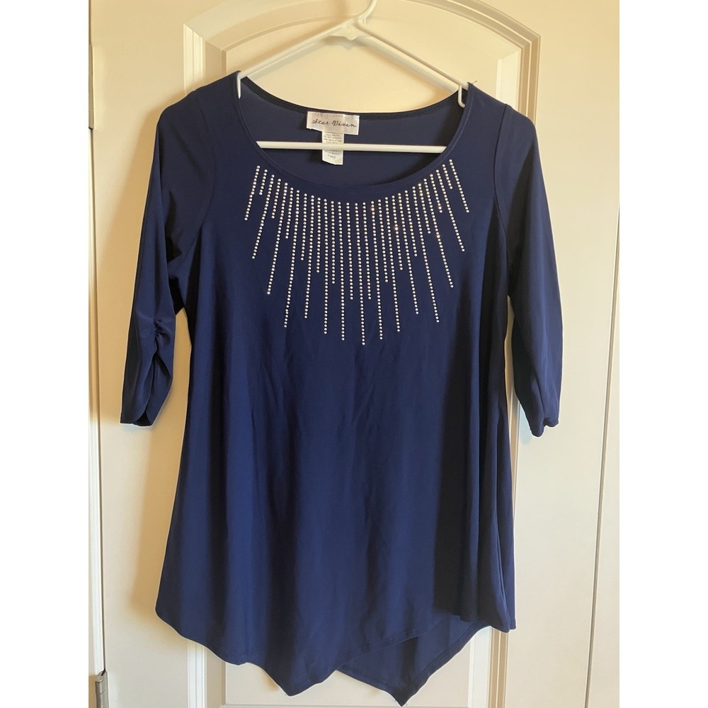 Star Vixen Blouse Women PM Blue New Hanky Hem Rhinestone Trim C156
